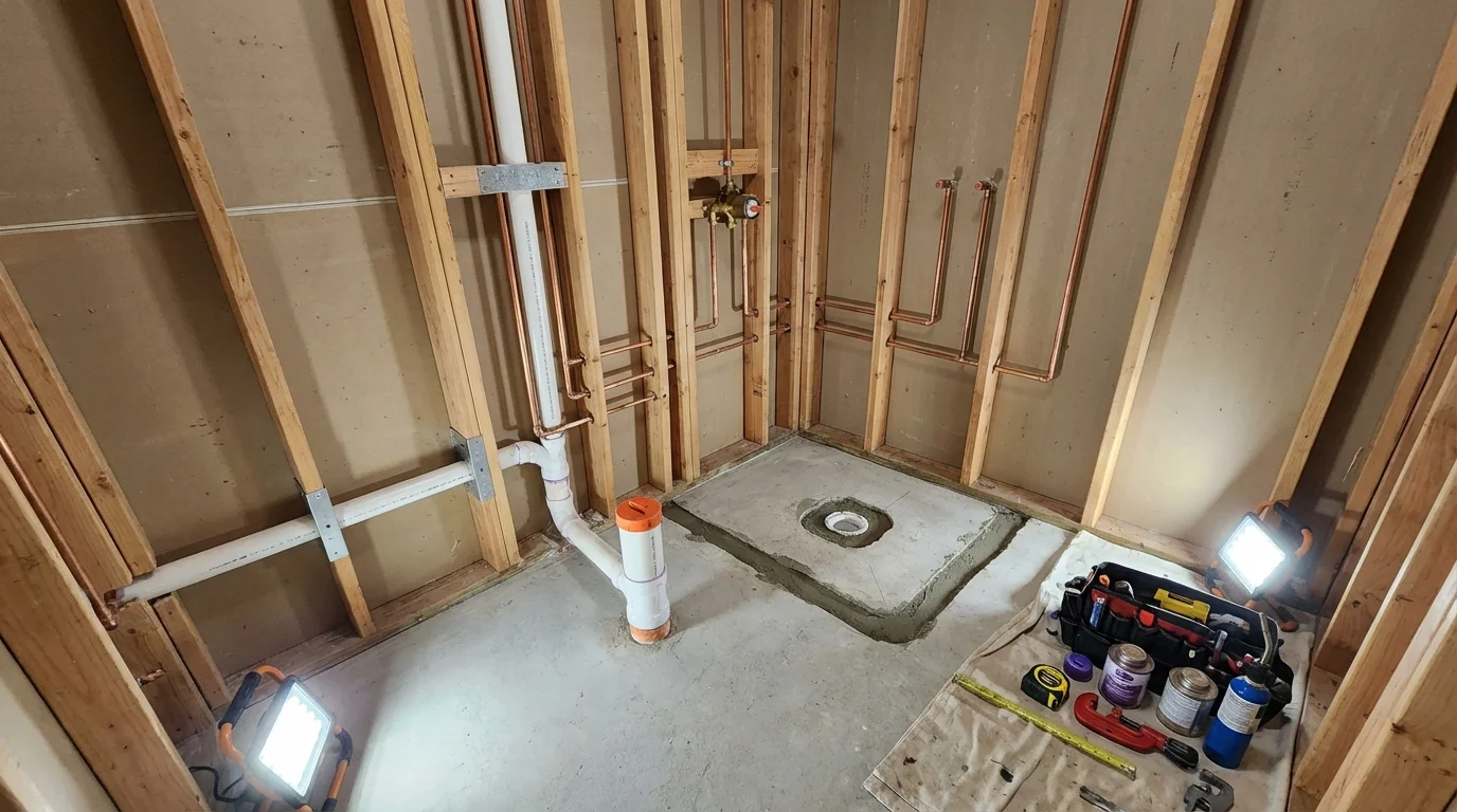 Bathroom rough-in plumbing during remodel by Johns Plumbing LLC in Owasso