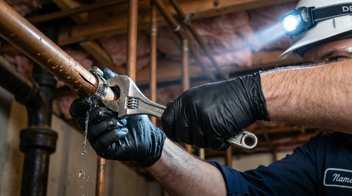Emergency pipe clamp repair being performed by a Johns Plumbing LLC plumber in Owasso