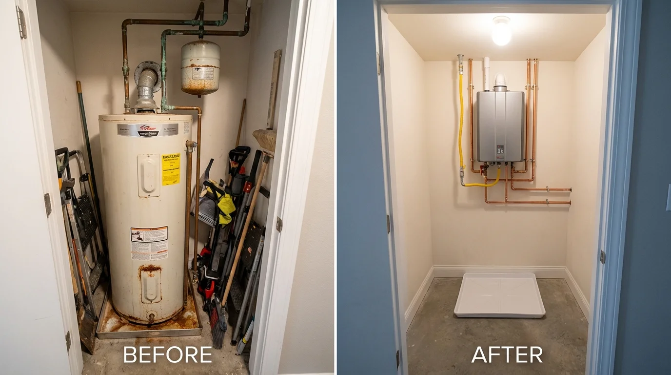 Tank water heater versus wall-mounted tankless unit comparison for Owasso, OK homeowners