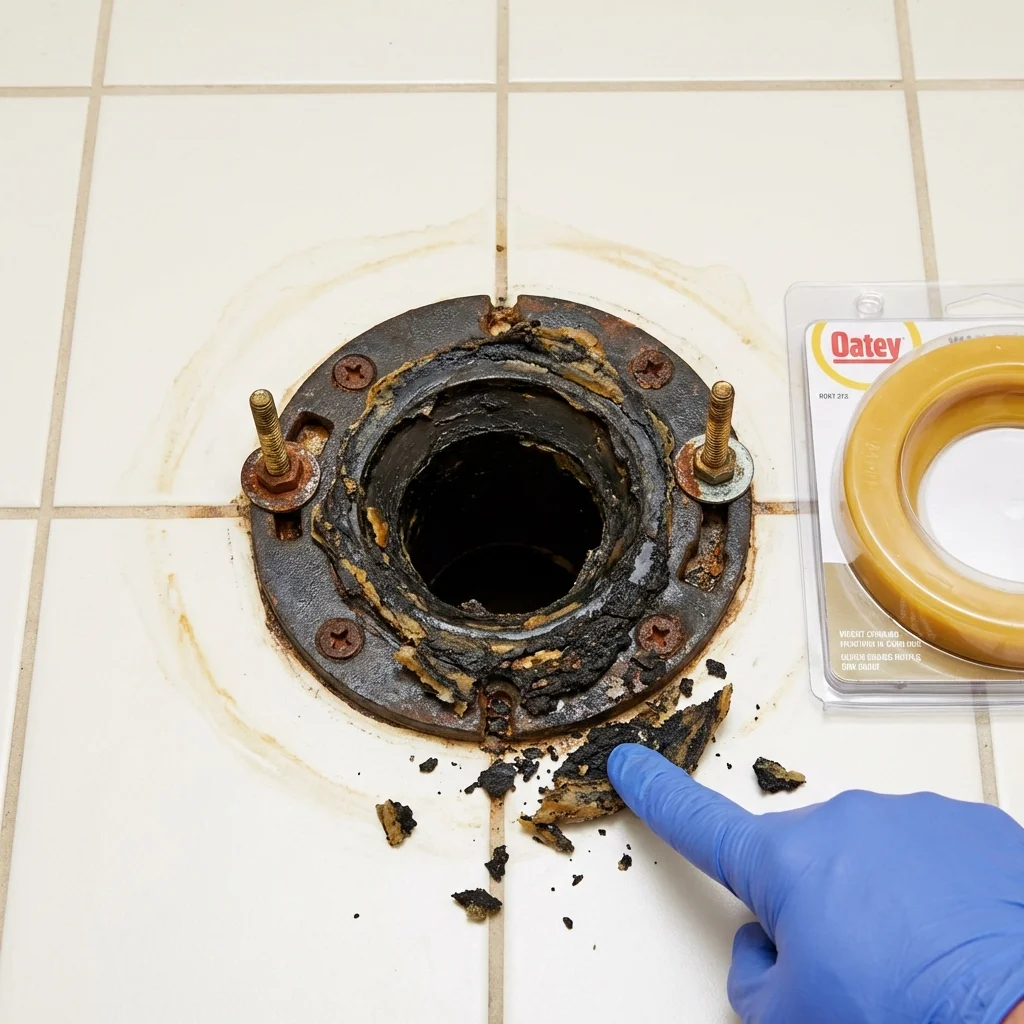 Failed wax ring showing water seepage at the base of a toilet in a Owasso, OK home