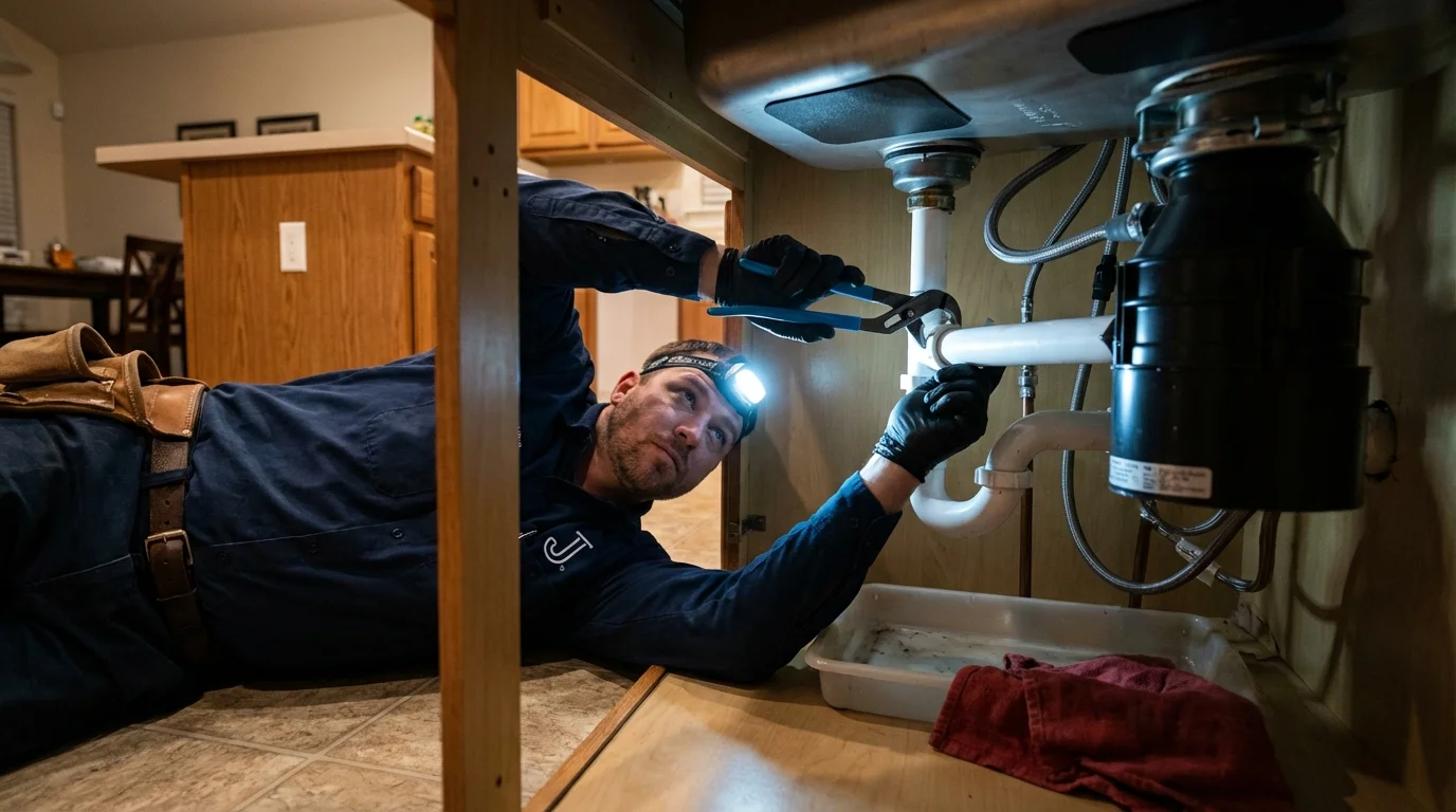 P-trap and supply line connections under a kitchen sink showing a common leak point in Owasso, OK